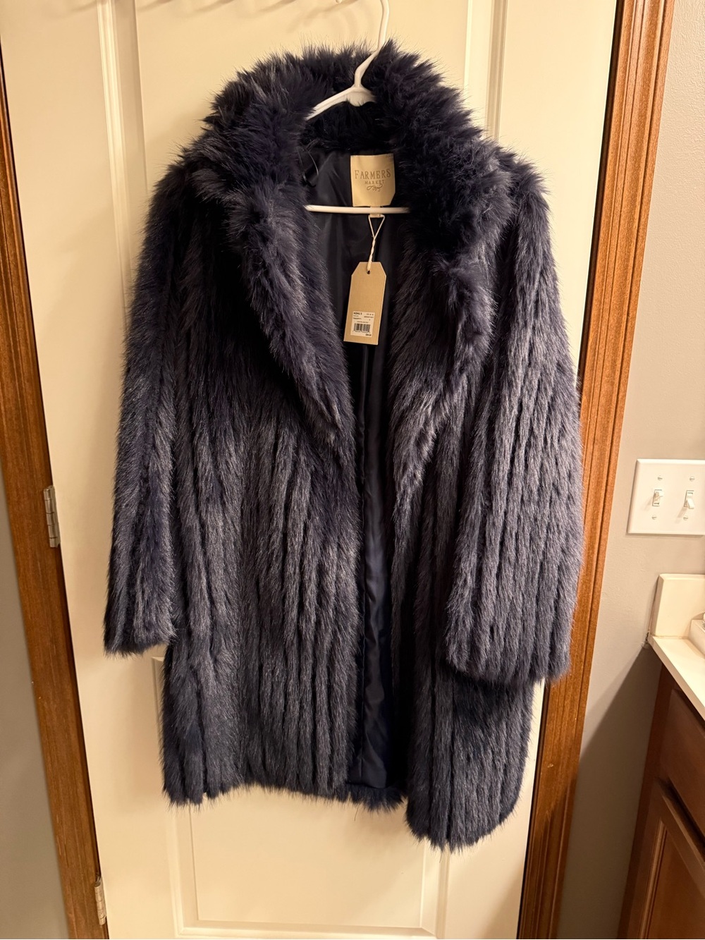 Plush Faux Fur Long Coat - Navy by